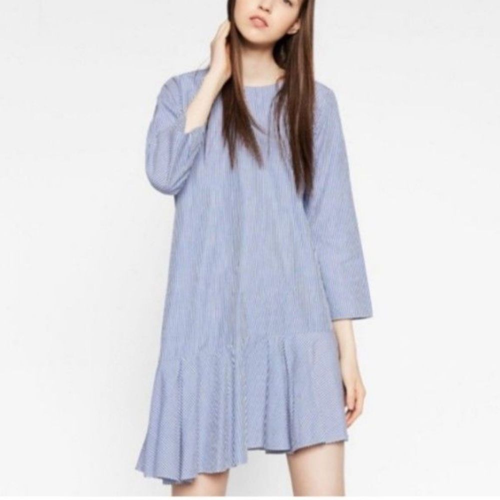 Zara Asymmetric Ruffle Hem Striped Dress nautical beachy preppy